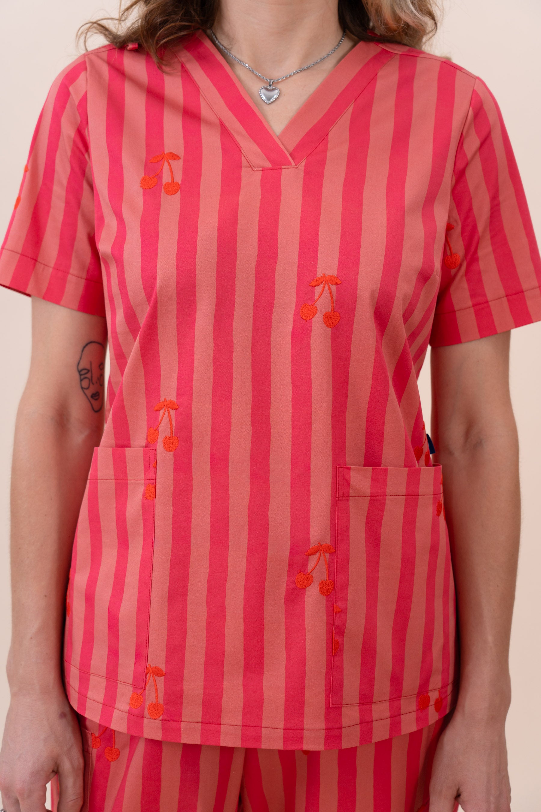 Cherry Stripe - Women's Printed Scrub Top