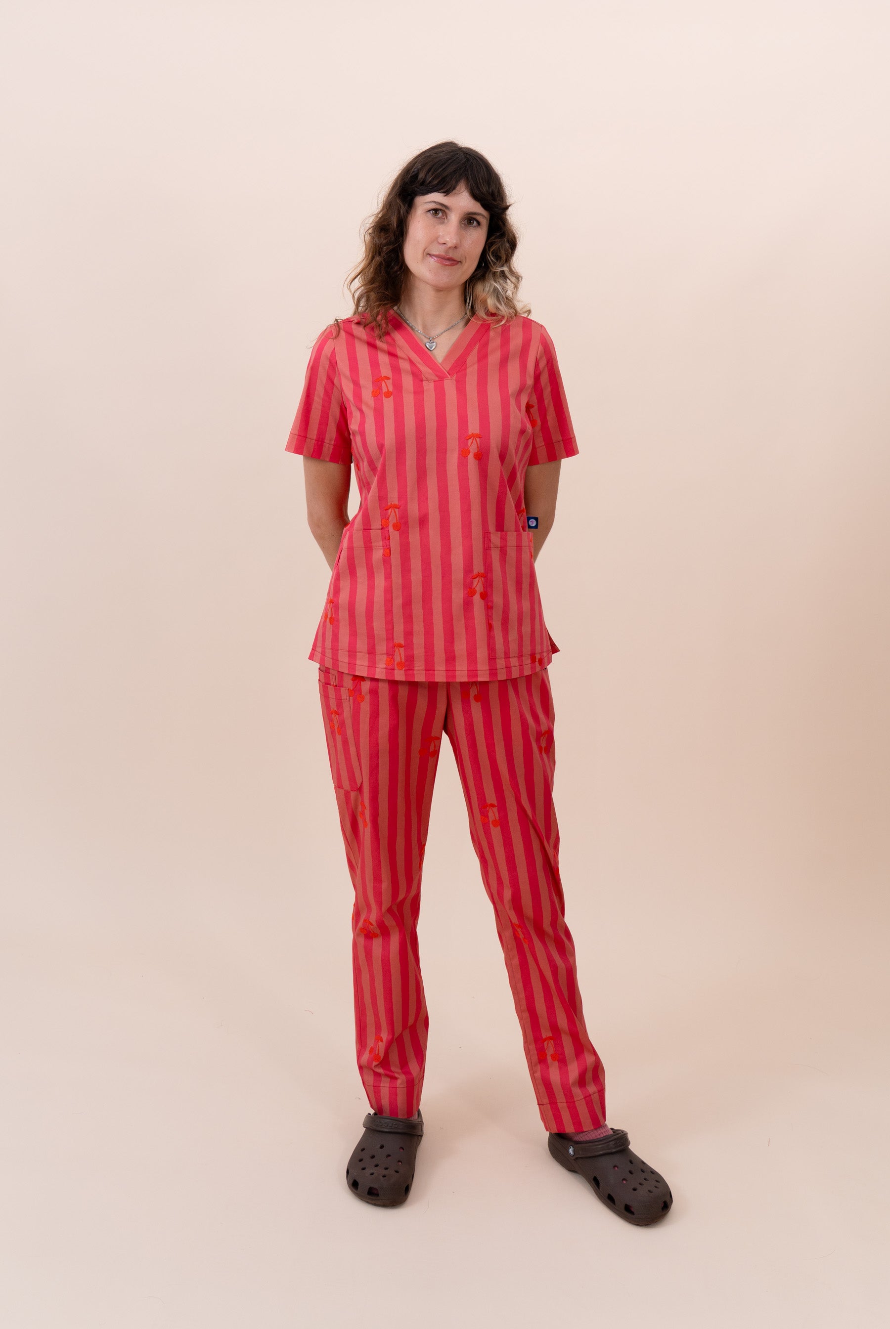 Cherry Stripe - Women's Printed Scrub Top