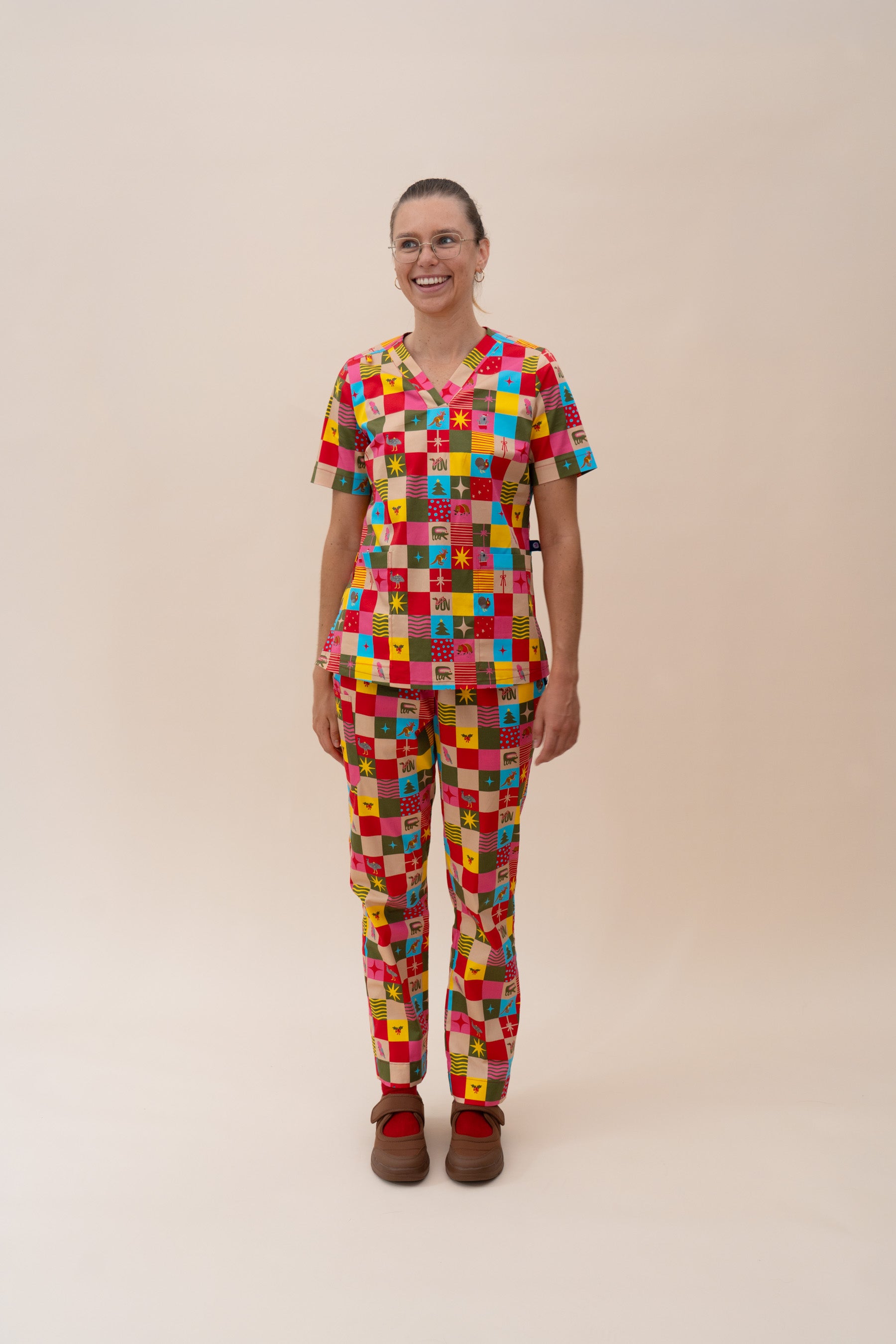 Christmas Checkers - Women's Printed Scrub Top