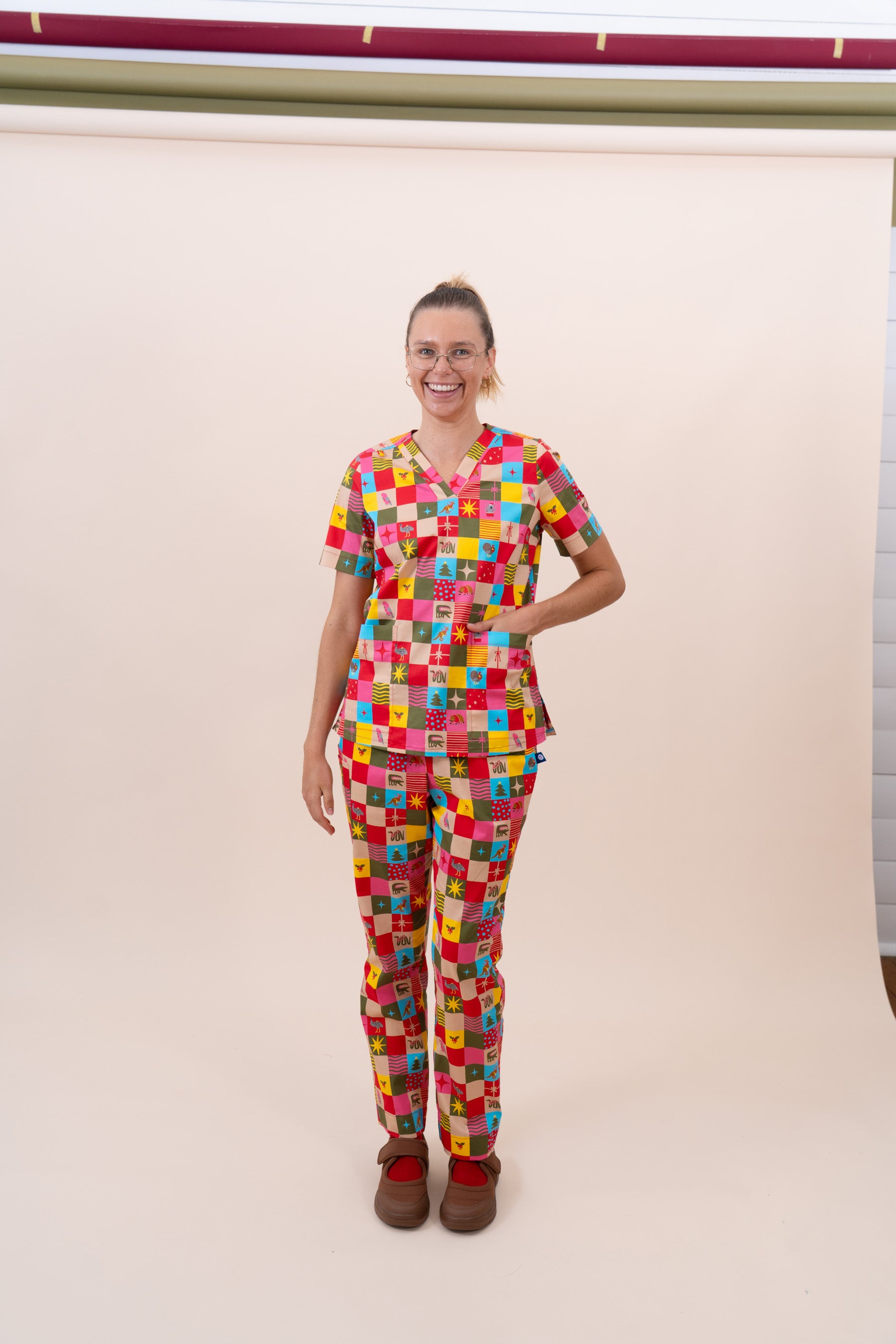 Christmas Checkers - Women's Printed Scrub Top