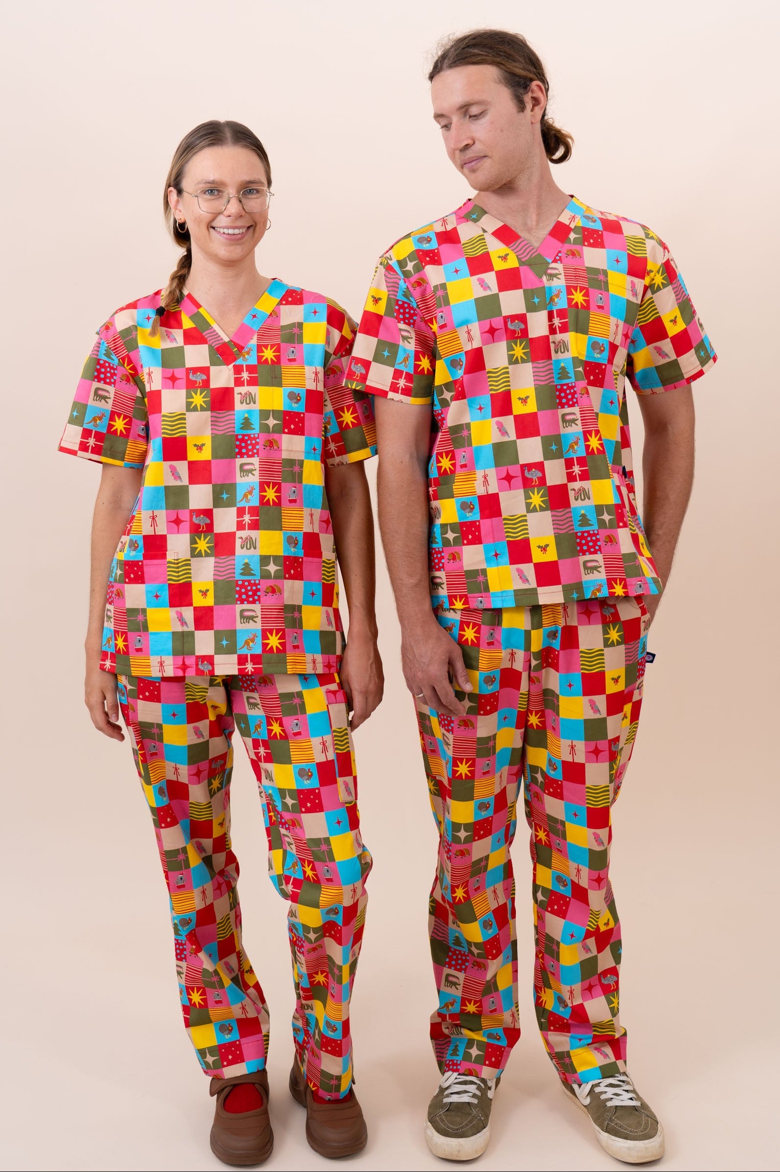 Christmas Checkers - Unisex Printed Scrub Pants