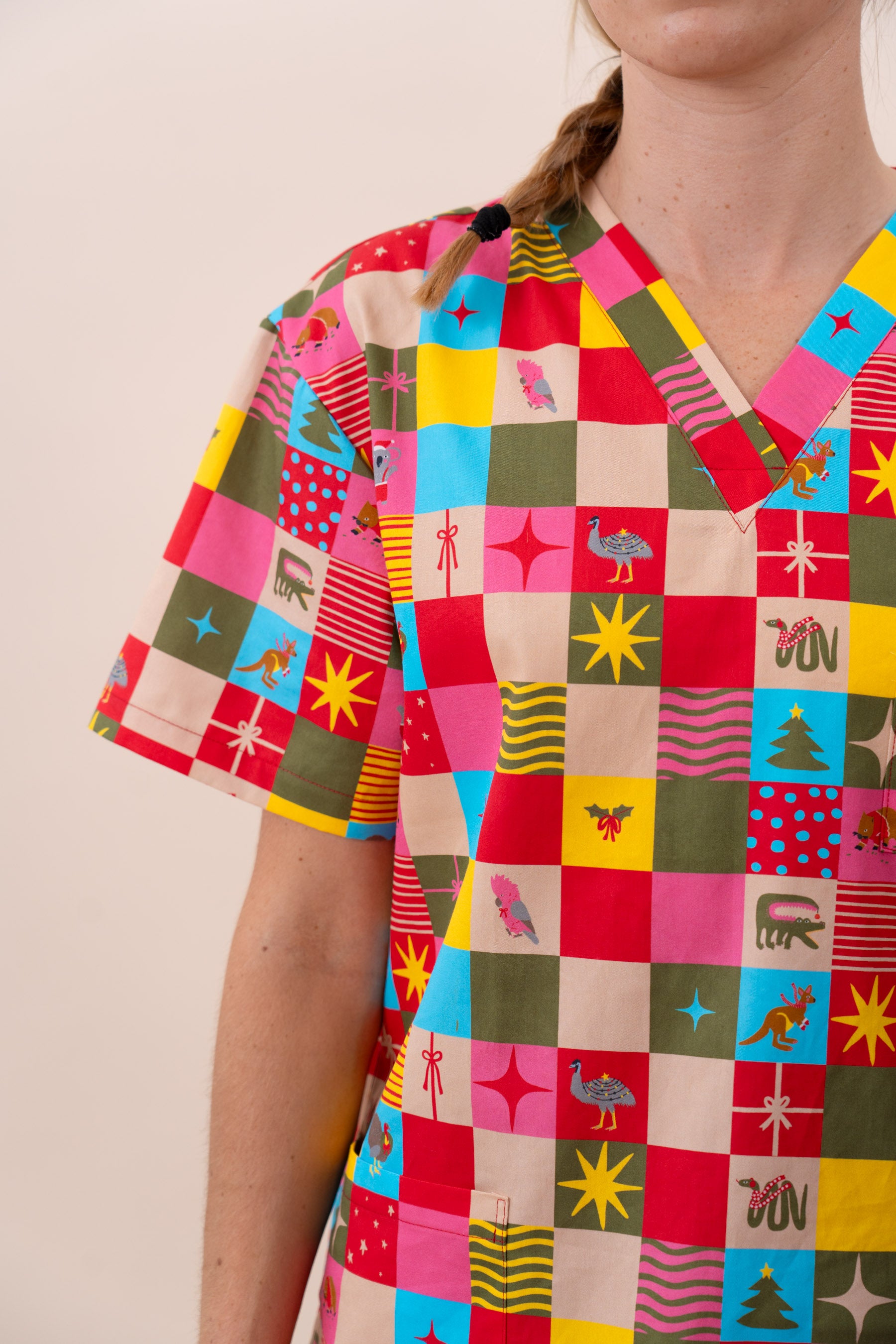Christmas Checkers - Unisex Printed Scrub Top