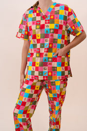 Christmas Checkers - Unisex Printed Scrub Top