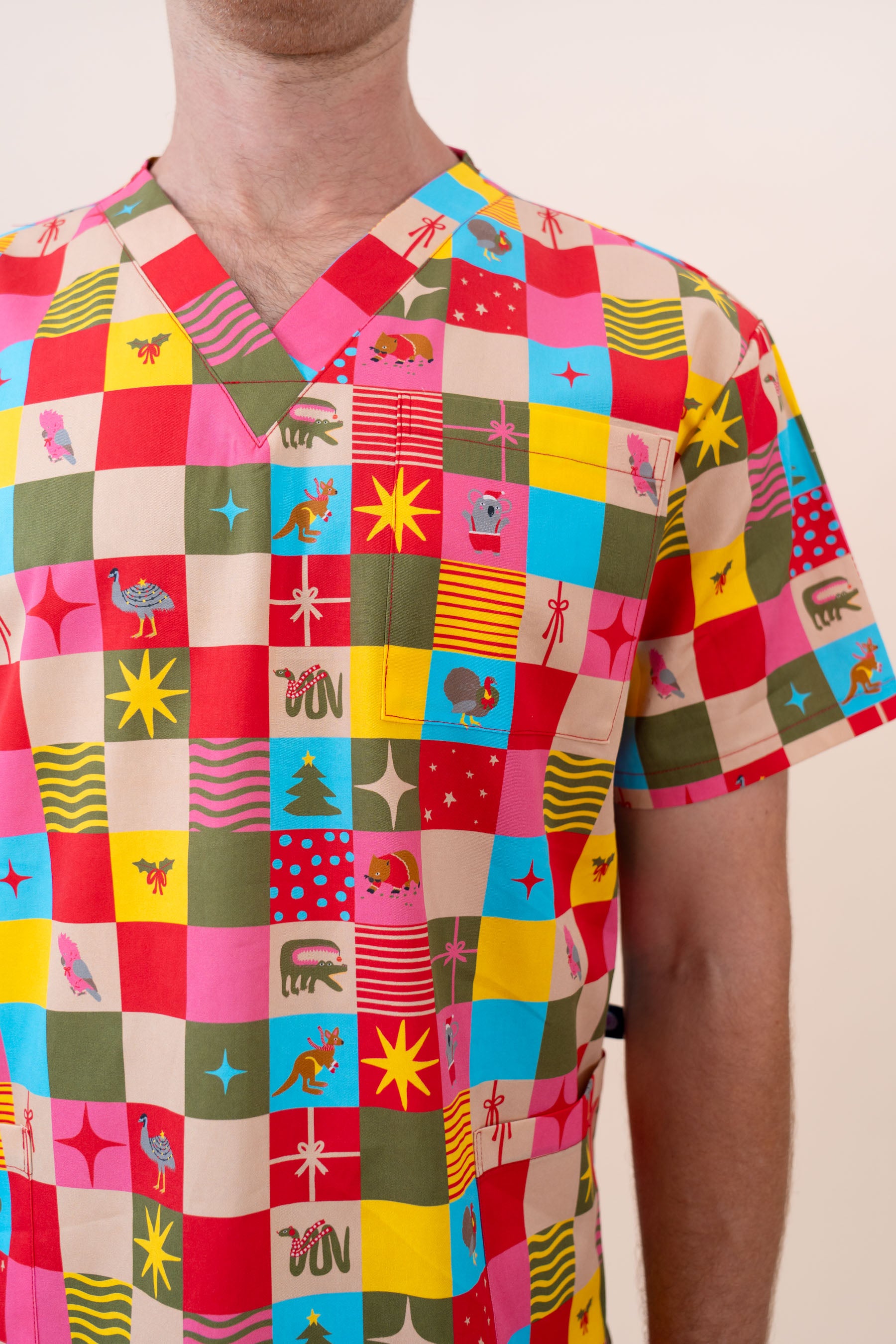 Christmas Checkers - Unisex Printed Scrub Top