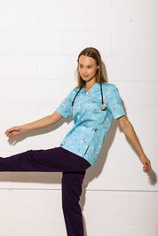 Bloomin' Aussies -Aqua –  Women's Printed Scrub Top