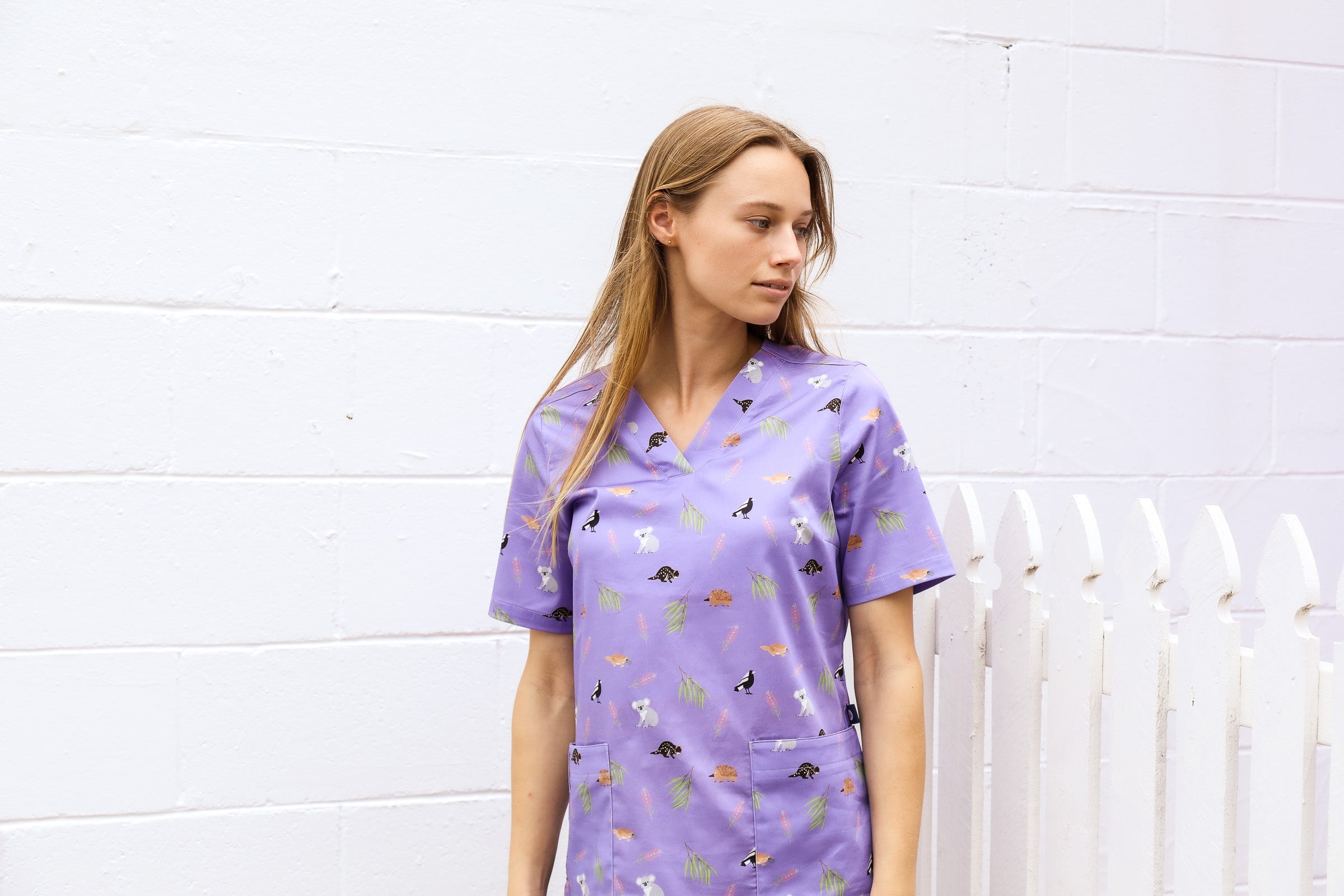 Bush Friends  - Lilac - Women's Printed Scrub Top