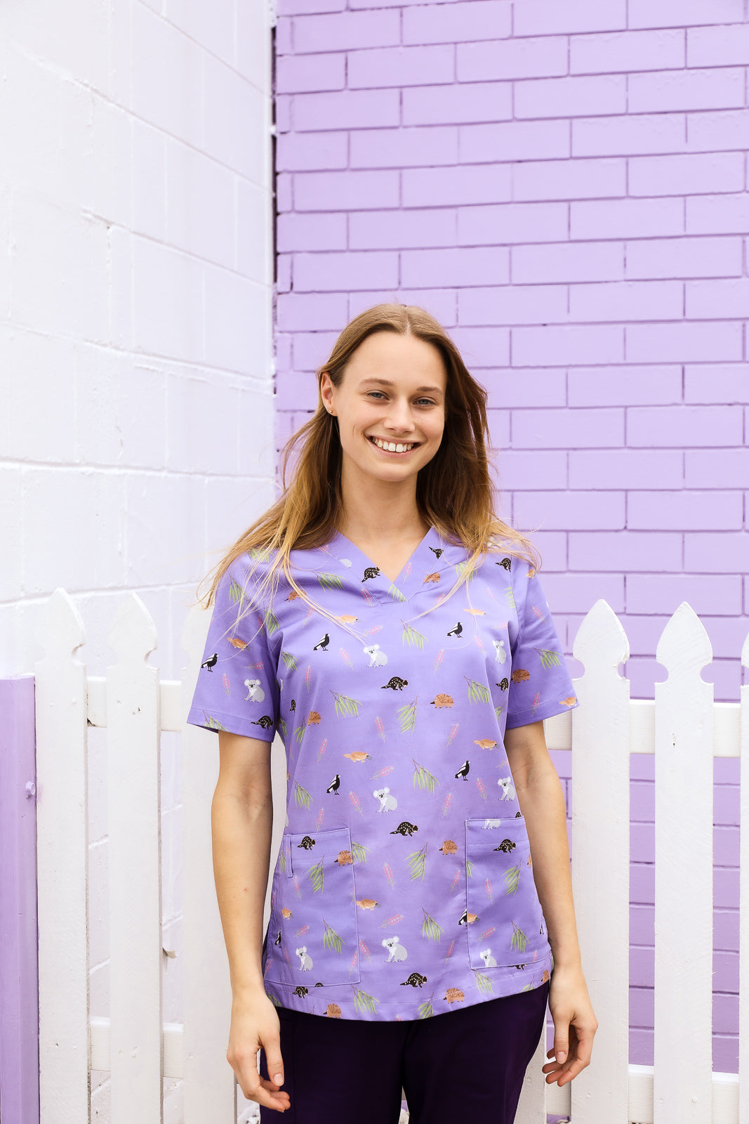 Bush Friends Printed Scrub Top Lilac Australian Made