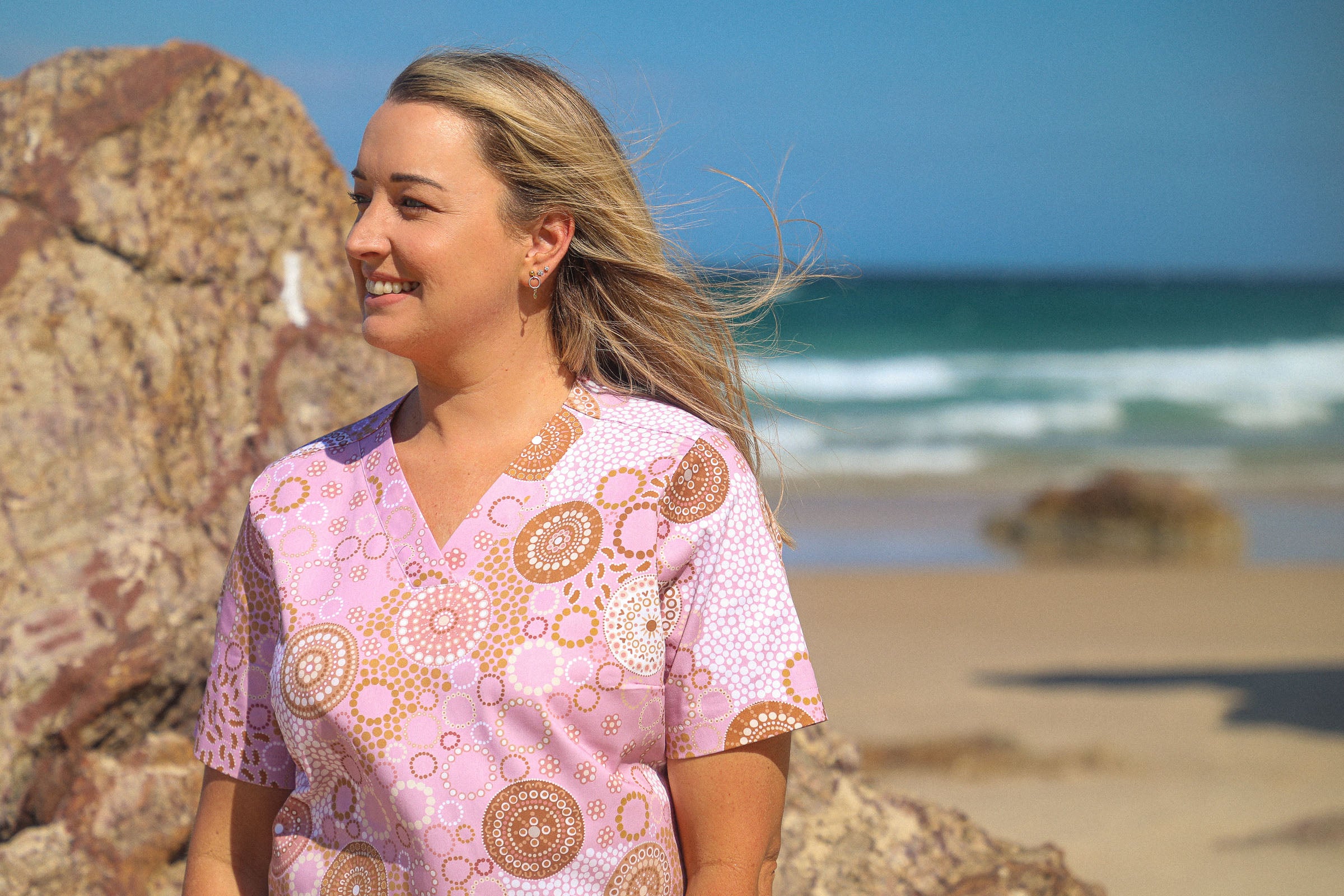 Seaside Healing by Daisy in Dots - Blush - Women's Printed Scrub Top